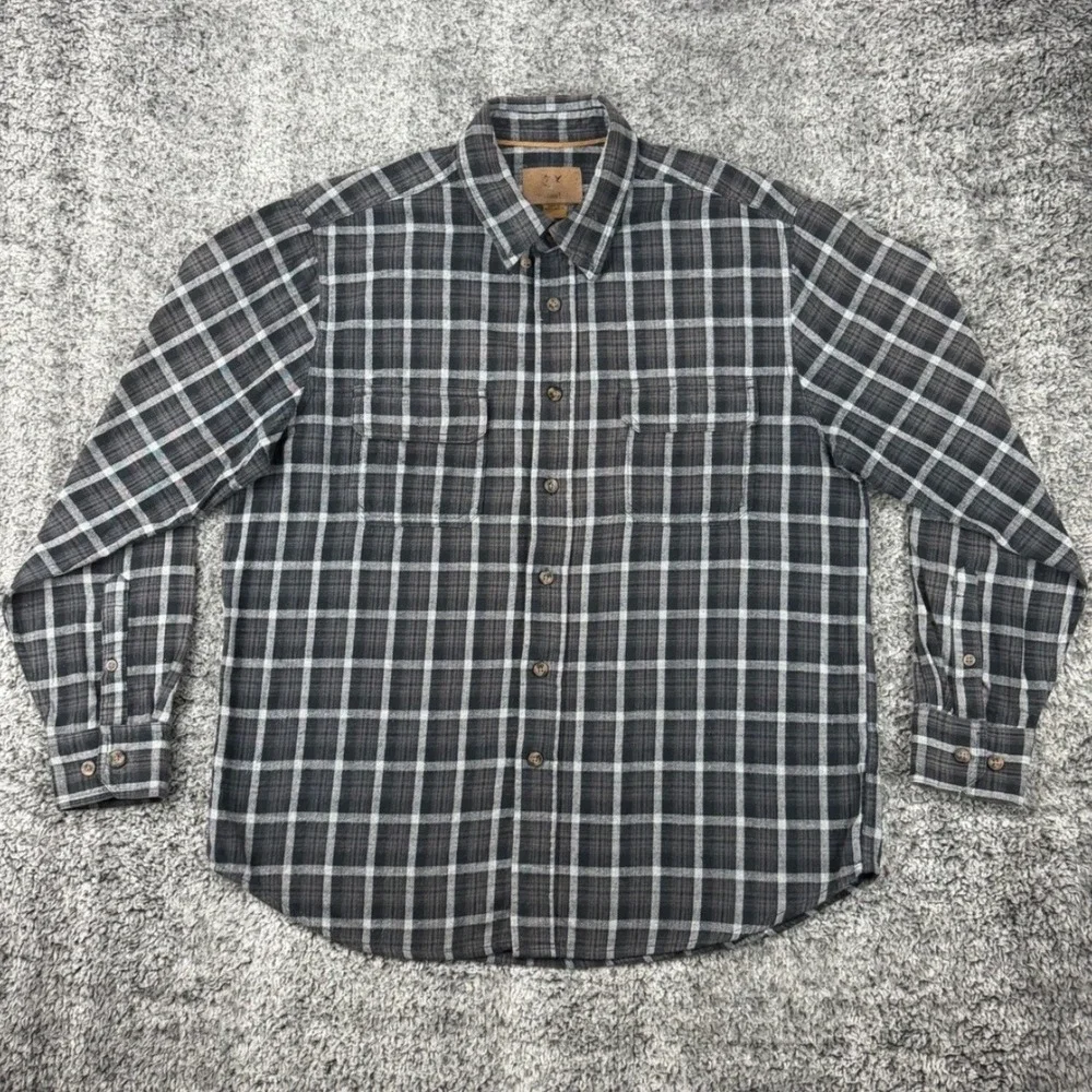 Outdoor Life Men's Size L Plaid Flannel‎ Long Sleeve Button Up Shirt Gray White